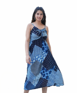 Yash Gallery Women's Maxi Rayon Crepe Indigo Patch Printed Dress