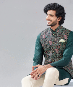Men's Multi-Coloured Printed Kurta with Jacket and Trouser Set